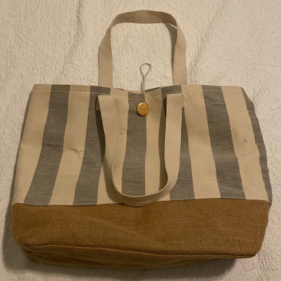 Handbags - Gray & White Striped and Straw Base Beach Tote Bag Two Straps Button Closure